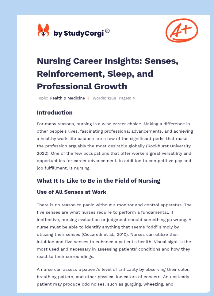 Nursing Career Insights: Senses, Reinforcement, Sleep, and Professional Growth. Page 1