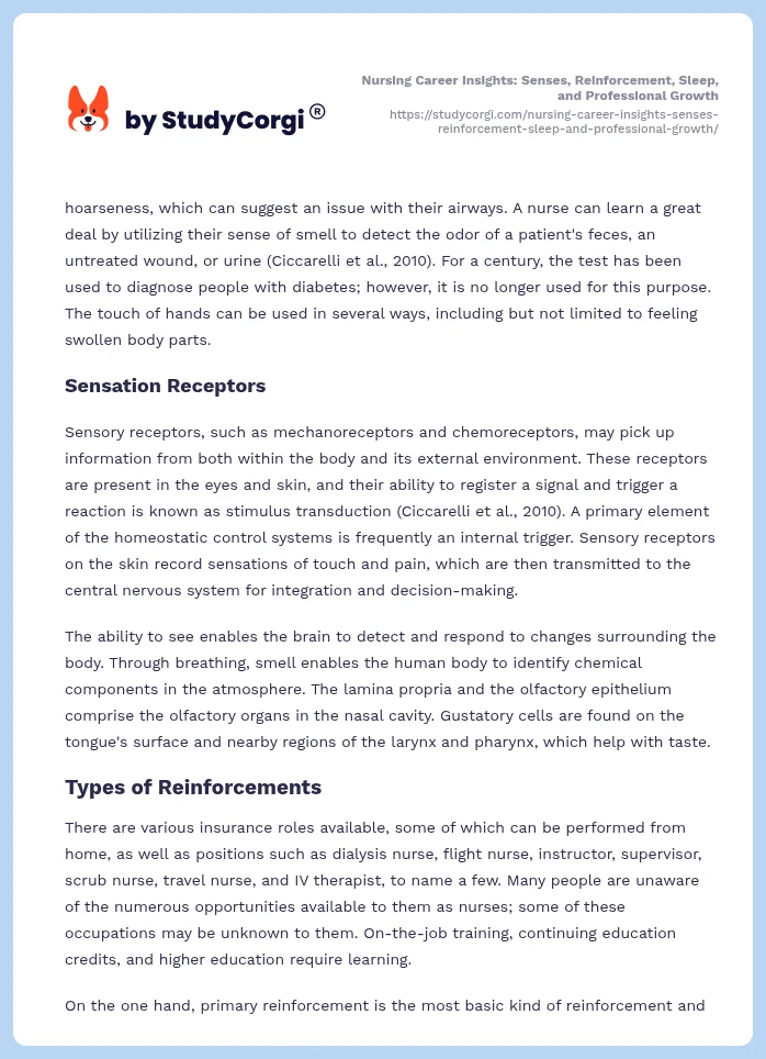 Nursing Career Insights: Senses, Reinforcement, Sleep, and Professional Growth. Page 2