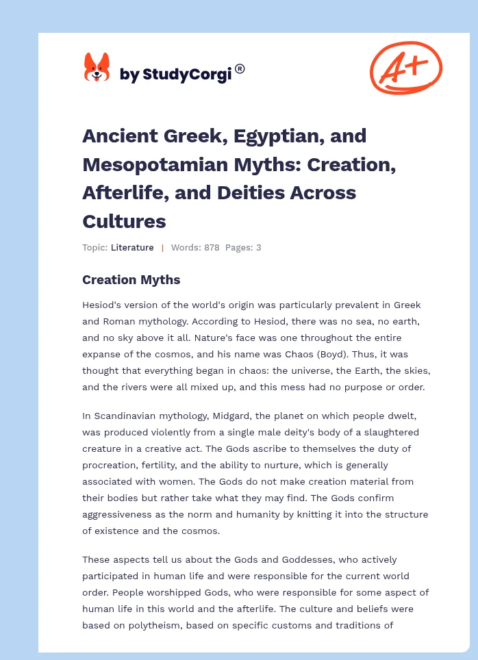 Ancient Greek, Egyptian, and Mesopotamian Myths: Creation, Afterlife, and Deities Across Cultures. Page 1