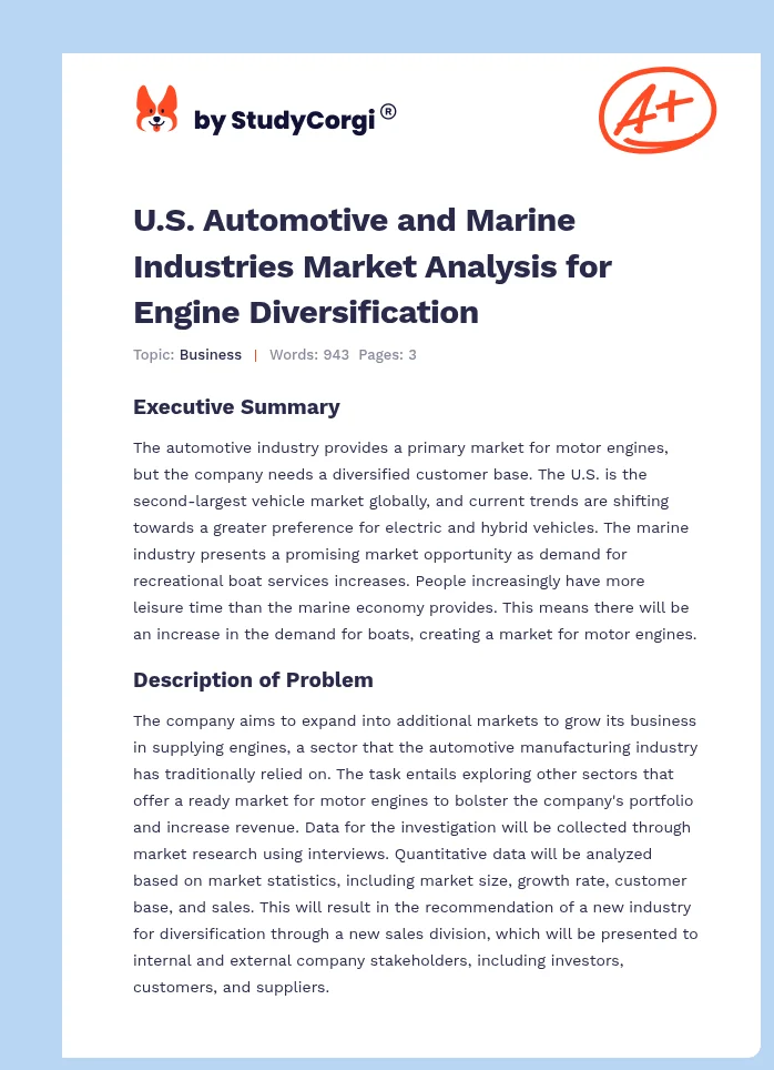 U.S. Automotive and Marine Industries Market Analysis for Engine Diversification. Page 1