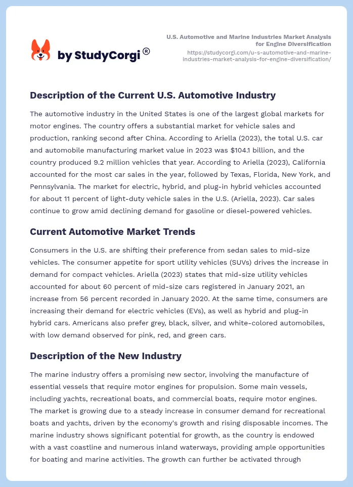 U.S. Automotive and Marine Industries Market Analysis for Engine Diversification. Page 2