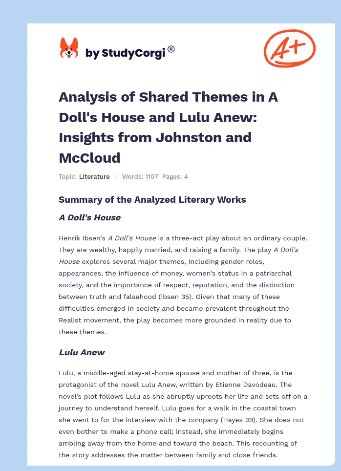 Analysis of Shared Themes in A Doll's House and Lulu Anew: Insights from Johnston and McCloud. Page 1