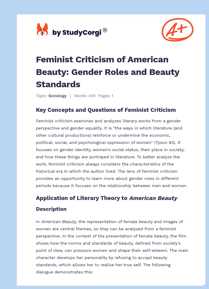 Feminist Criticism of American Beauty: Gender Roles and Beauty Standards. Page 1