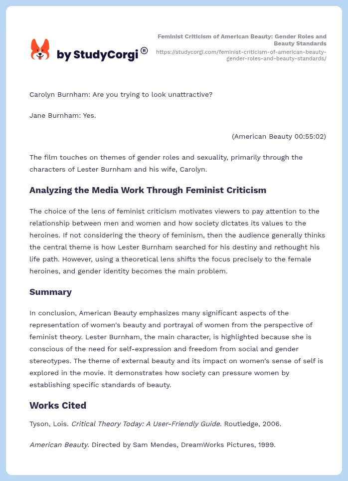 Feminist Criticism of American Beauty: Gender Roles and Beauty Standards. Page 2