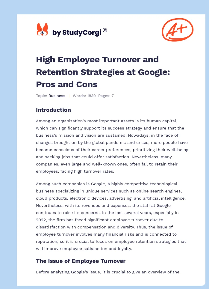 High Employee Turnover and Retention Strategies at Google: Pros and Cons. Page 1