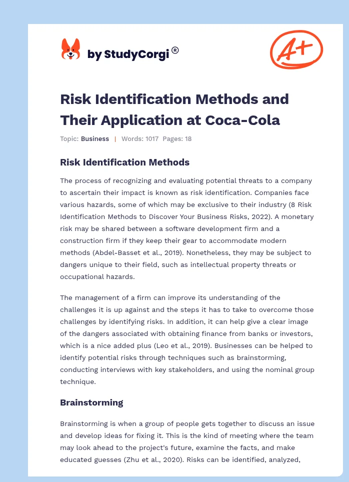 Risk Identification Methods and Their Application at Coca-Cola. Page 1