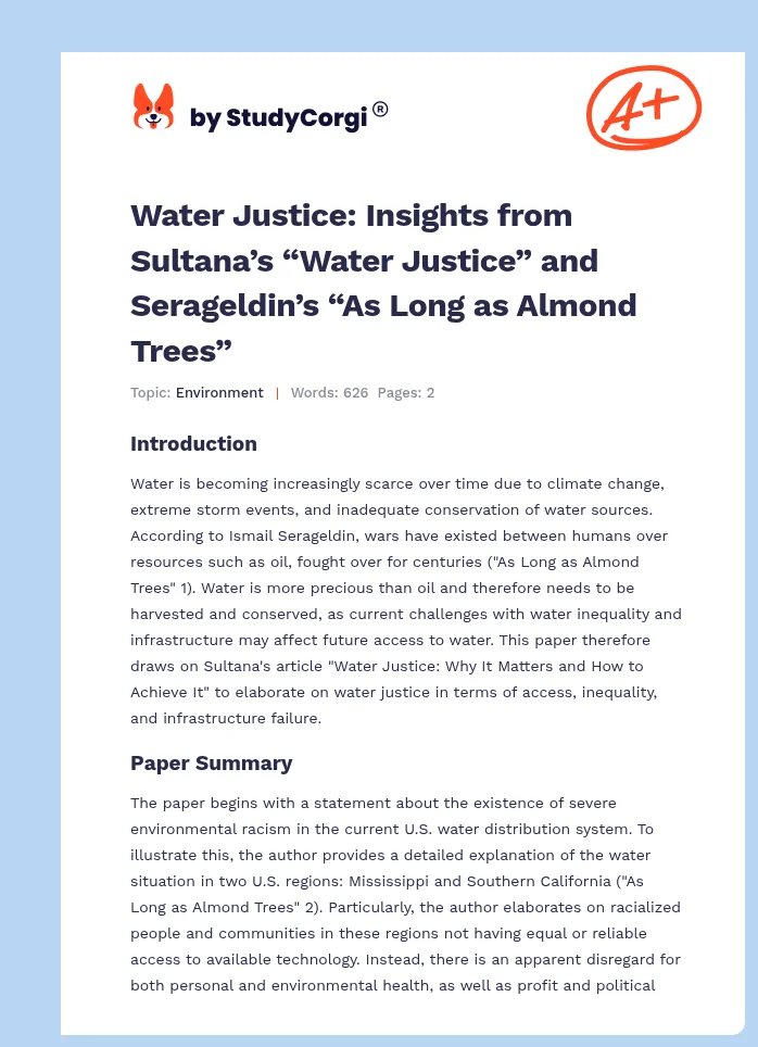 Water Justice: Insights from Sultana’s “Water Justice” and Serageldin’s “As Long as Almond Trees”. Page 1