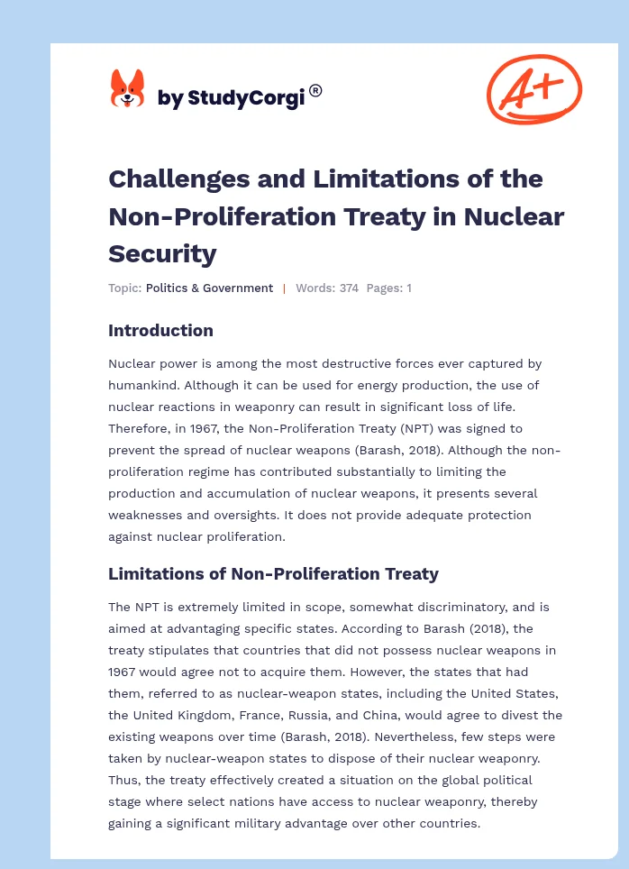 Challenges and Limitations of the Non-Proliferation Treaty in Nuclear Security. Page 1