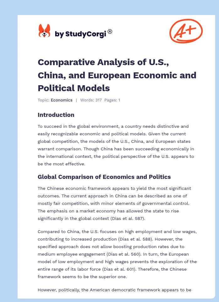 Comparative Analysis of U.S., China, and European Economic and Political Models. Page 1