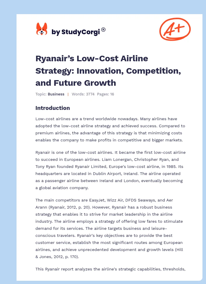 Ryanair’s Low-Cost Airline Strategy: Innovation, Competition, and Future Growth. Page 1