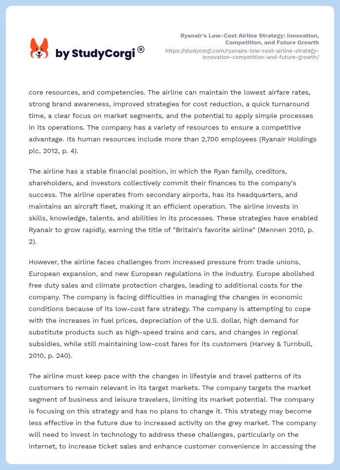Ryanair’s Low-Cost Airline Strategy: Innovation, Competition, and Future Growth. Page 2