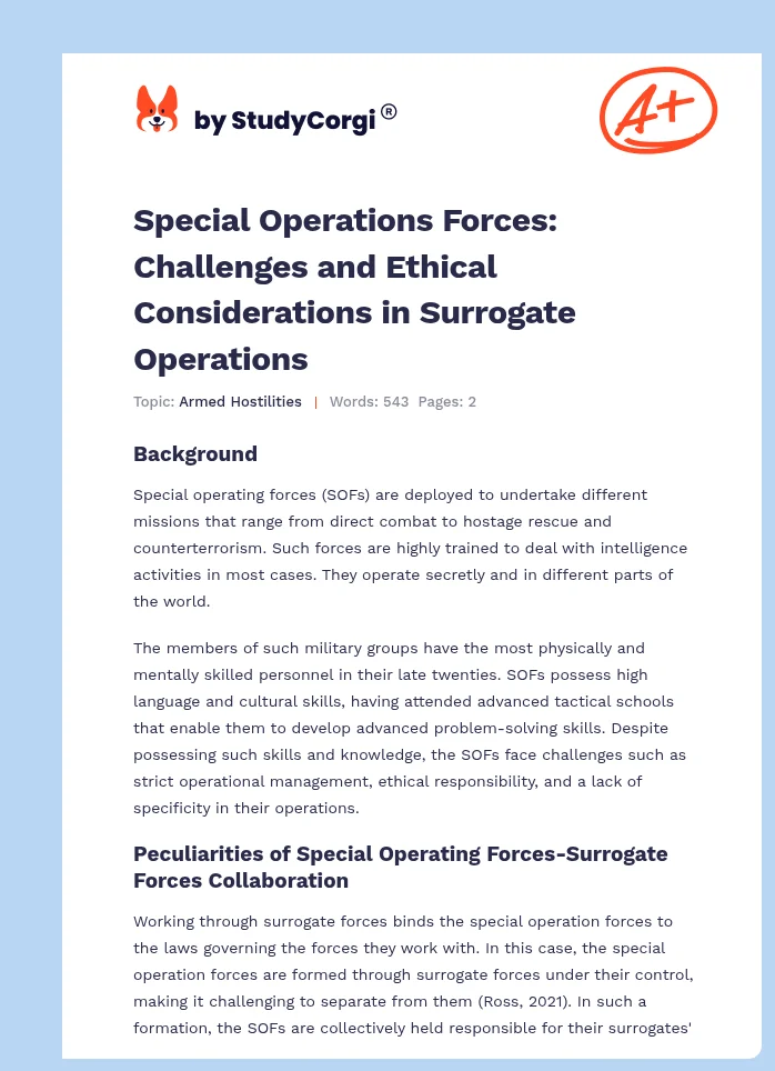 Special Operations Forces: Challenges and Ethical Considerations in Surrogate Operations. Page 1