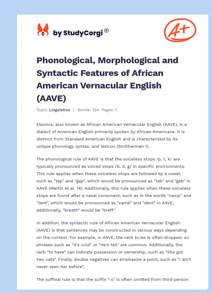 Phonological, Morphological and Syntactic Features of African American Vernacular English (AAVE). Page 1