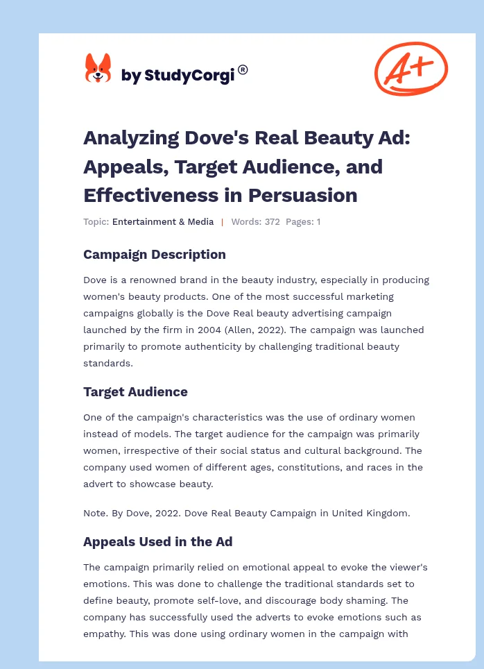 Analyzing Dove's Real Beauty Ad: Appeals, Target Audience, and Effectiveness in Persuasion. Page 1