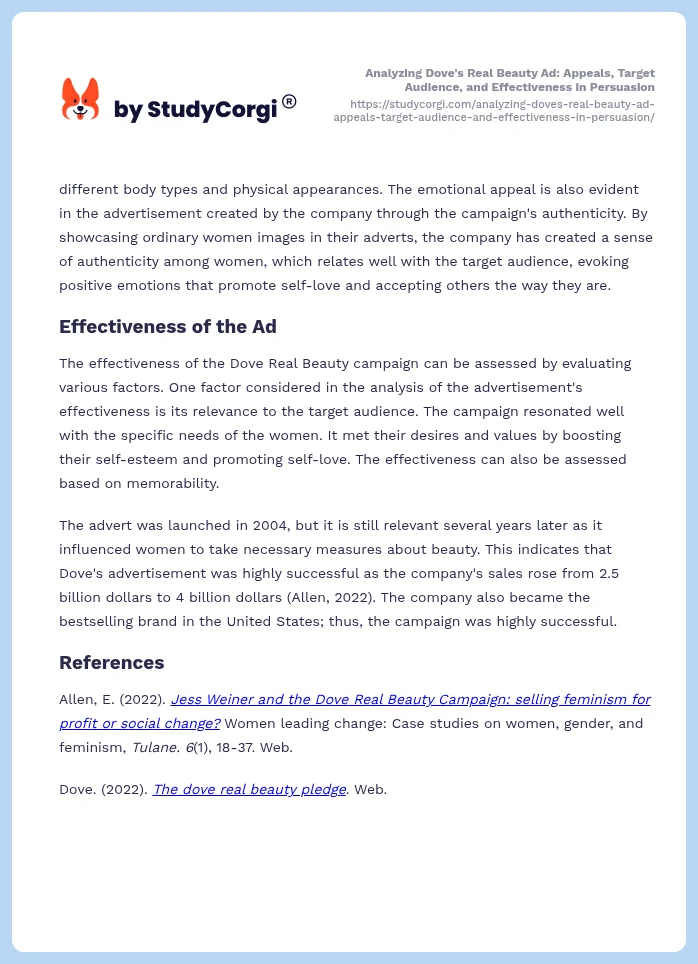 Analyzing Dove's Real Beauty Ad: Appeals, Target Audience, and Effectiveness in Persuasion. Page 2