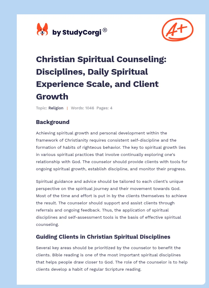 Christian Spiritual Counseling: Disciplines, Daily Spiritual Experience Scale, and Client Growth. Page 1