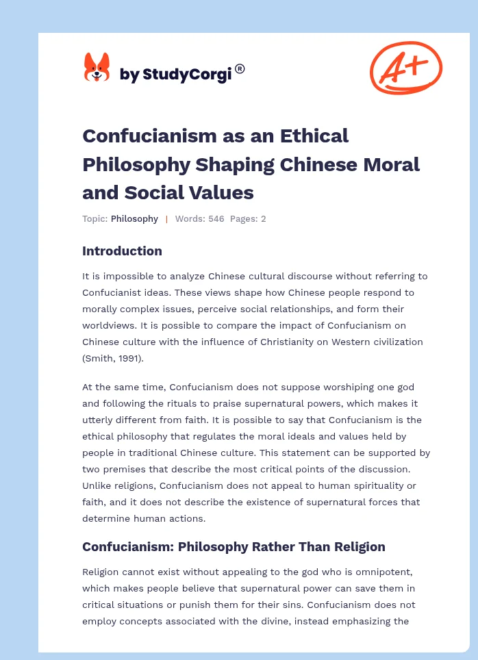 Confucianism as an Ethical Philosophy Shaping Chinese Moral and Social Values. Page 1