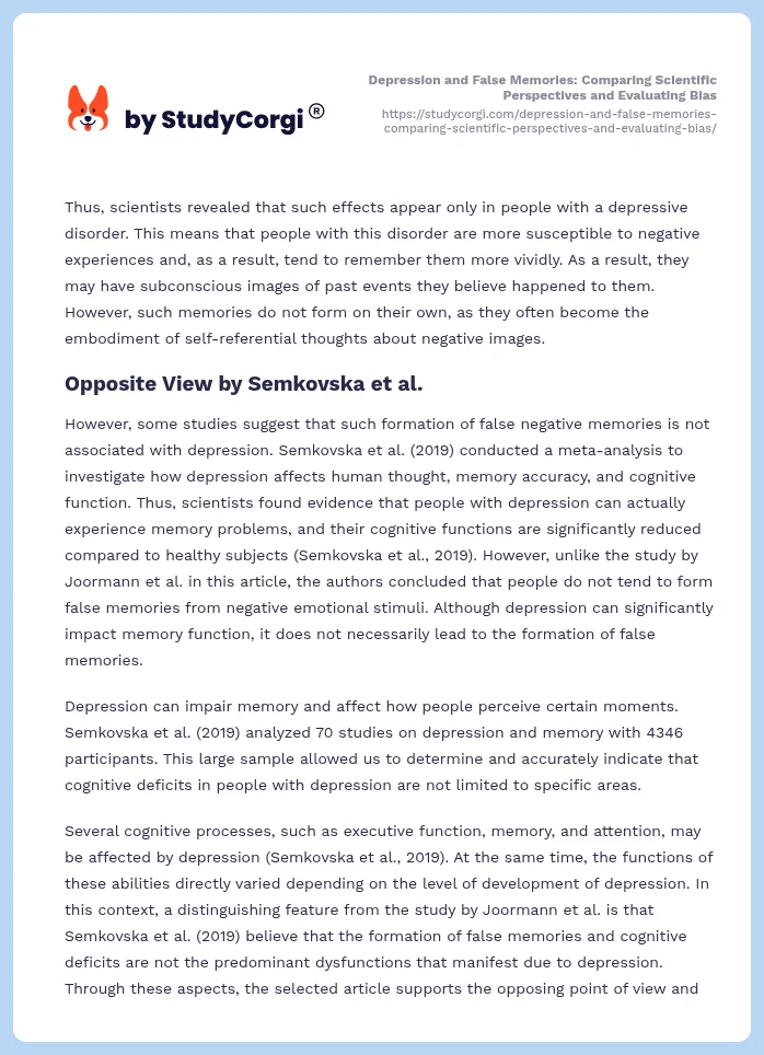 Depression and False Memories: Comparing Scientific Perspectives and Evaluating Bias. Page 2