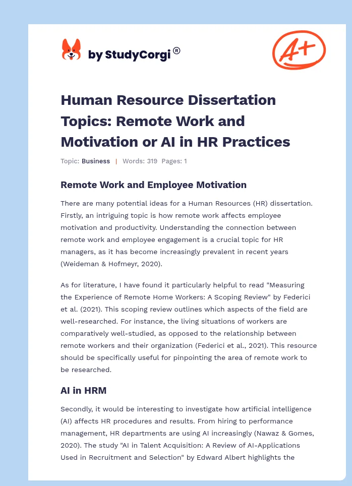 Human Resource Dissertation Topics: Remote Work and Motivation or AI in HR Practices. Page 1