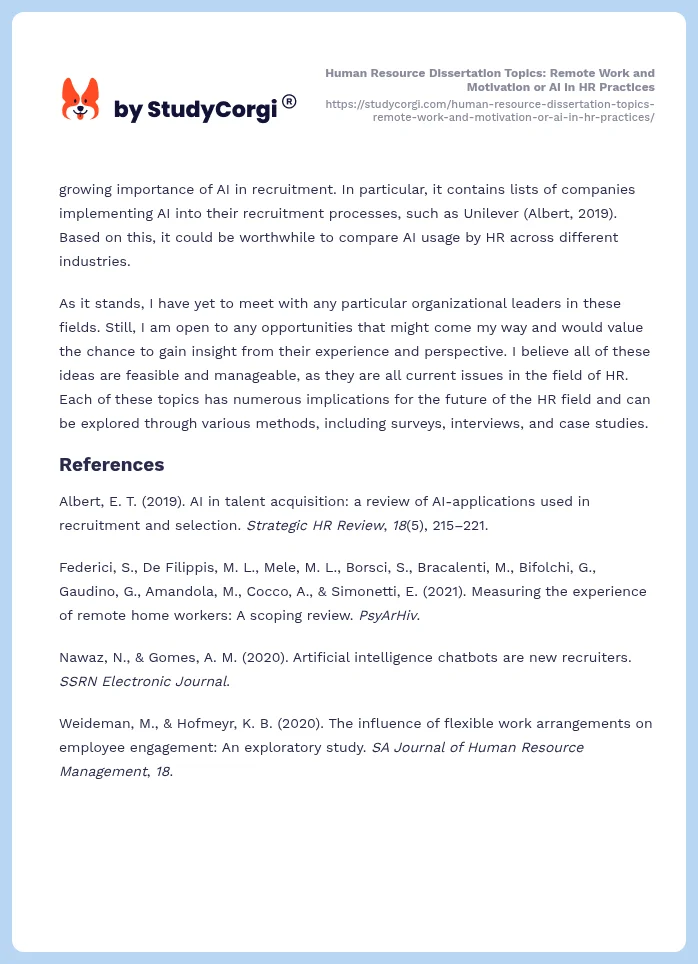 Human Resource Dissertation Topics: Remote Work and Motivation or AI in HR Practices. Page 2