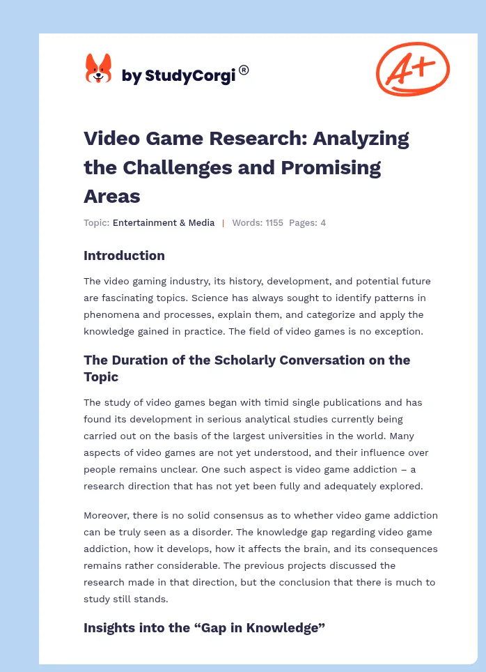 Video Game Research: Analyzing the Challenges and Promising Areas. Page 1