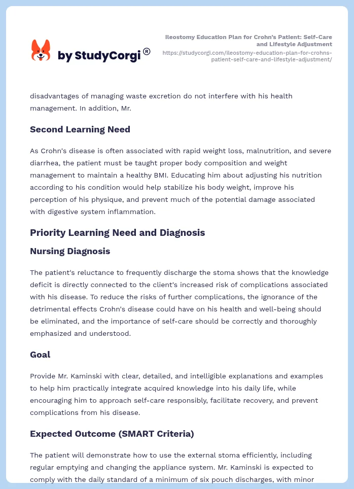 Ileostomy Education Plan for Crohn’s Patient: Self-Care and Lifestyle Adjustment. Page 2