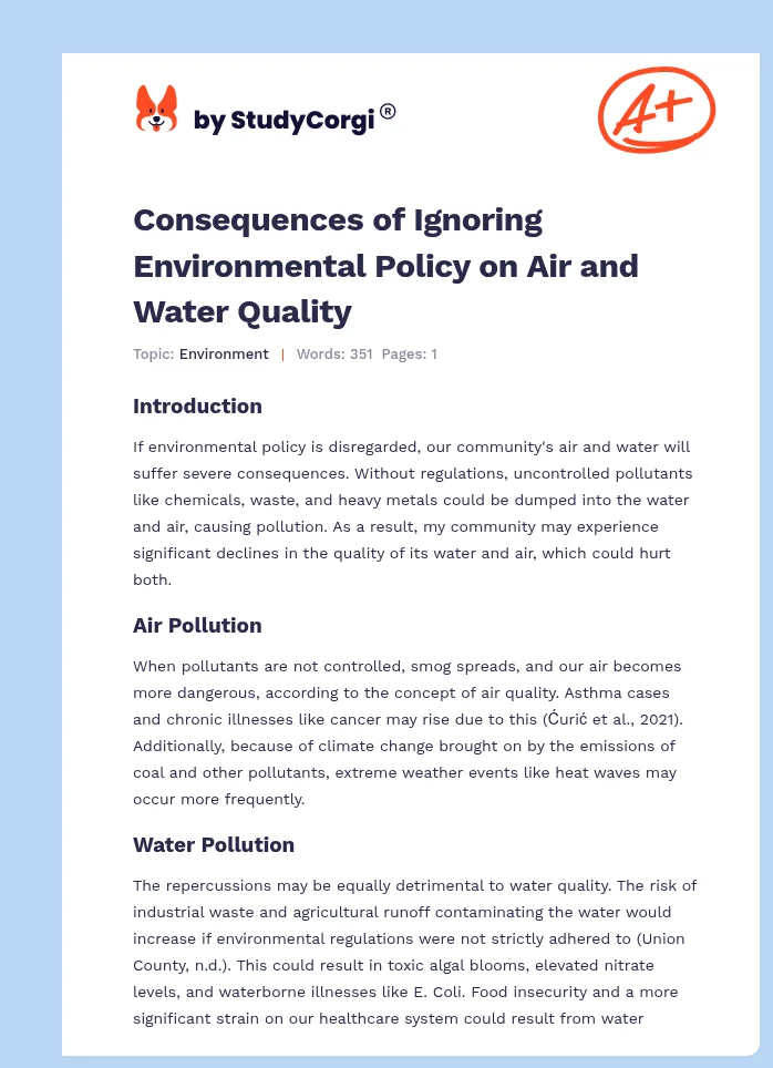 Consequences of Ignoring Environmental Policy on Air and Water Quality. Page 1