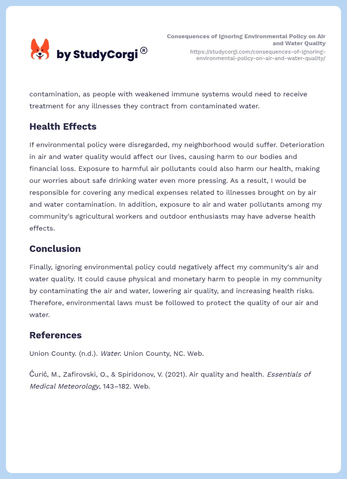 Consequences of Ignoring Environmental Policy on Air and Water Quality. Page 2