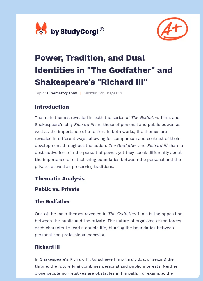 Power, Tradition, and Dual Identities in "The Godfather" and Shakespeare's "Richard III". Page 1