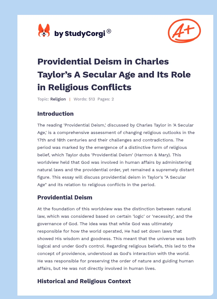 Providential Deism in Charles Taylor’s A Secular Age and Its Role in Religious Conflicts. Page 1