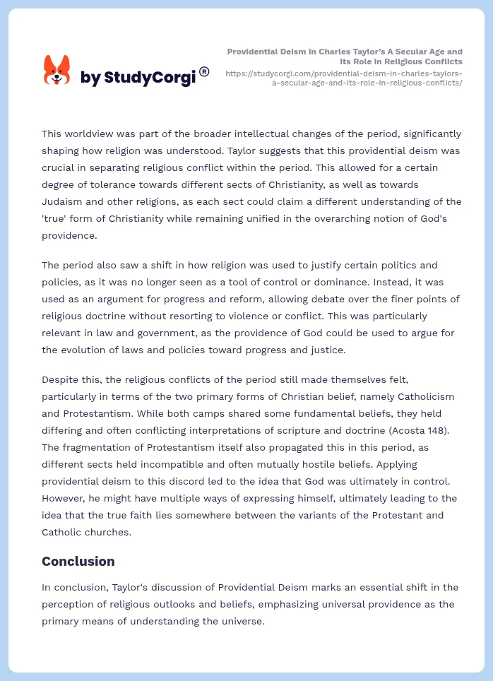 Providential Deism in Charles Taylor’s A Secular Age and Its Role in Religious Conflicts. Page 2