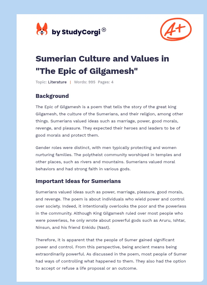 Sumerian Culture and Values in "The Epic of Gilgamesh". Page 1