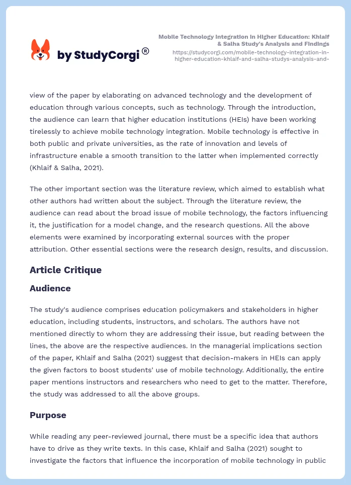 Mobile Technology Integration in Higher Education: Khlaif & Salha Study's Analysis and Findings. Page 2