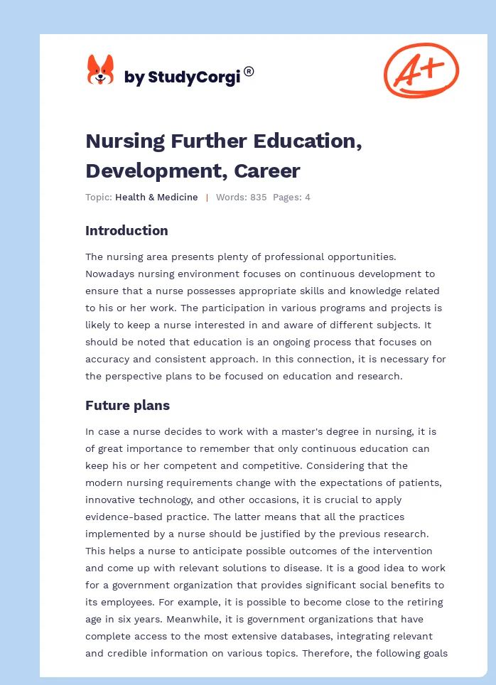 Nursing Further Education, Development, Career. Page 1