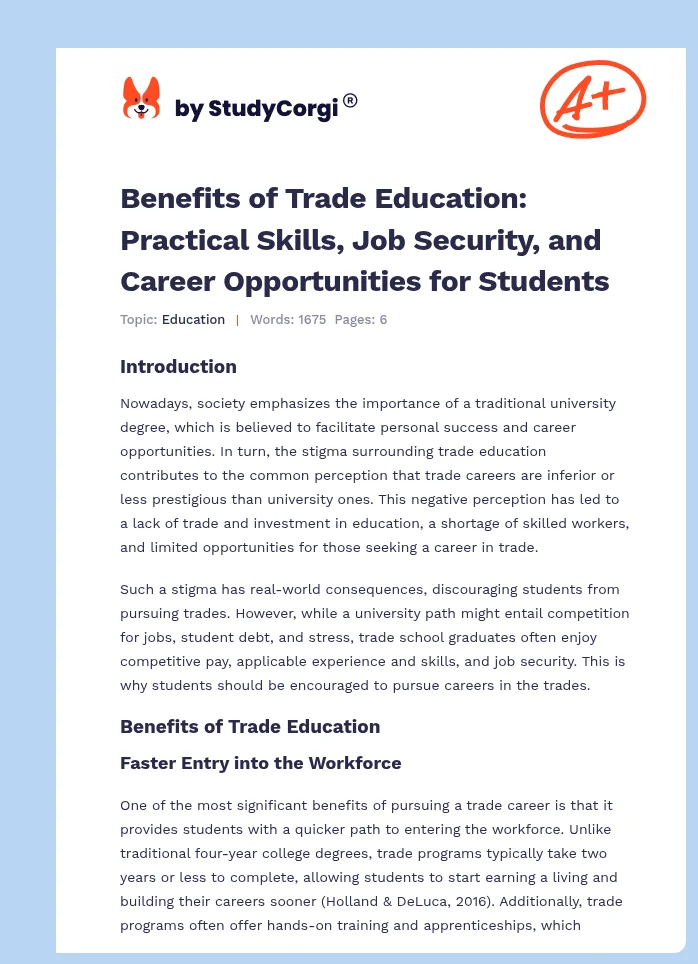 Benefits of Trade Education: Practical Skills, Job Security, and Career Opportunities for Students. Page 1