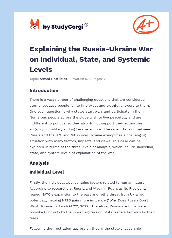 Explaining the Russia-Ukraine War on Individual, State, and Systemic Levels. Page 1