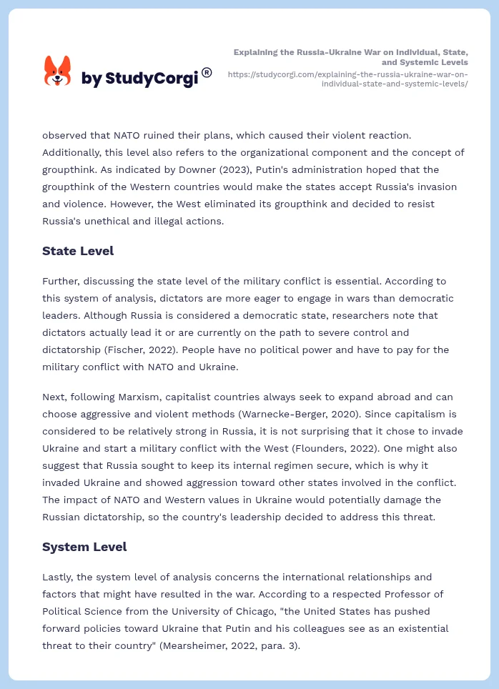 Explaining the Russia-Ukraine War on Individual, State, and Systemic Levels. Page 2