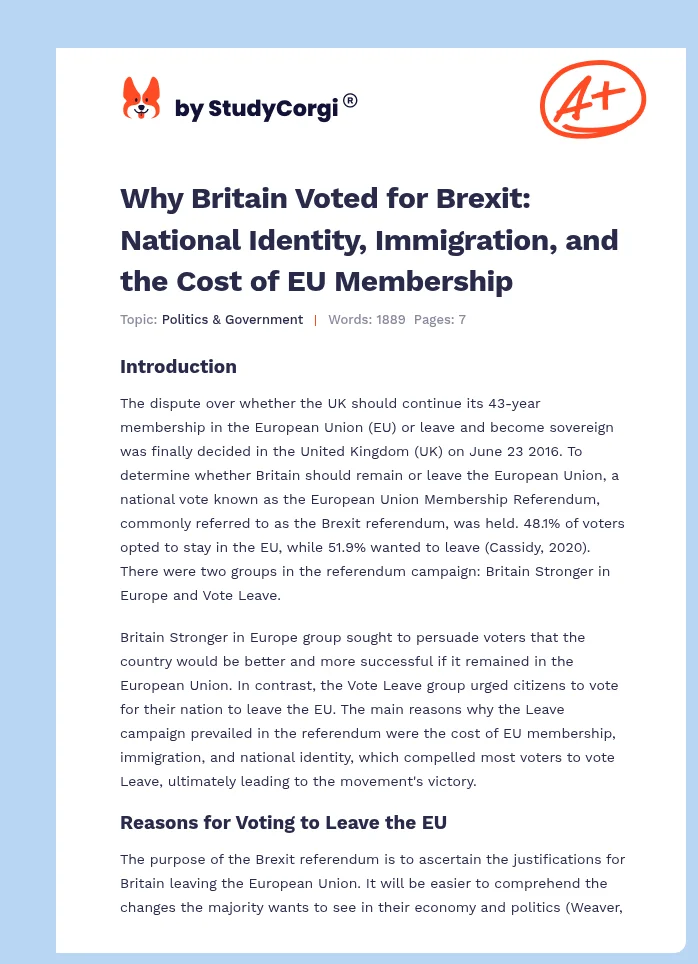Why Britain Voted for Brexit: National Identity, Immigration, and the Cost of EU Membership. Page 1