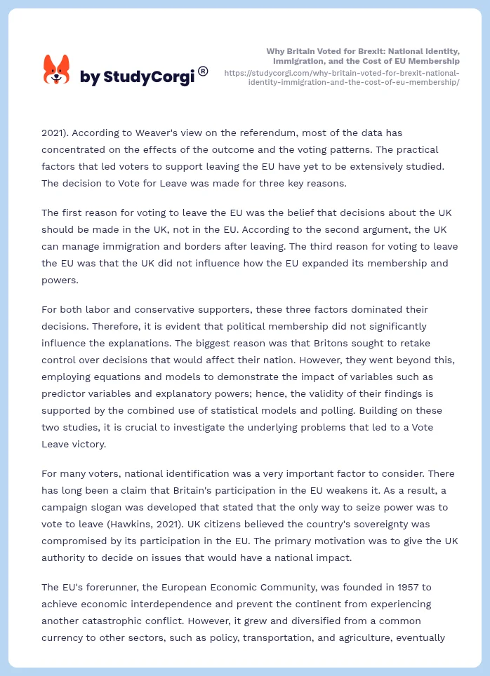 Why Britain Voted for Brexit: National Identity, Immigration, and the Cost of EU Membership. Page 2