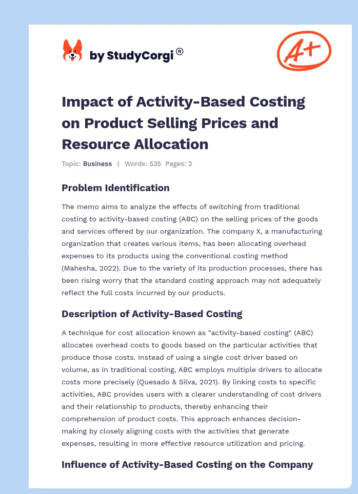 Impact of Activity-Based Costing on Product Selling Prices and Resource Allocation. Page 1