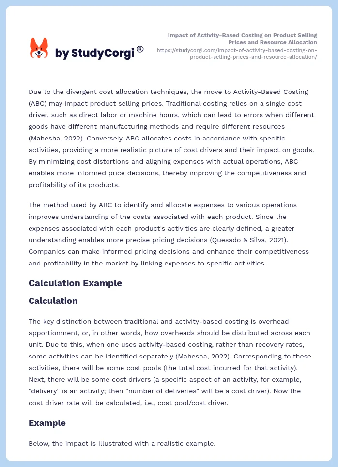 Impact of Activity-Based Costing on Product Selling Prices and Resource Allocation. Page 2