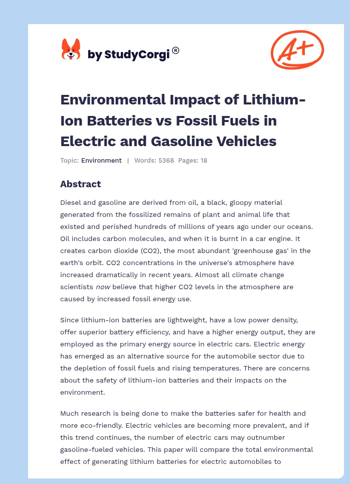 Environmental Impact of Lithium-Ion Batteries vs Fossil Fuels in Electric and Gasoline Vehicles. Page 1