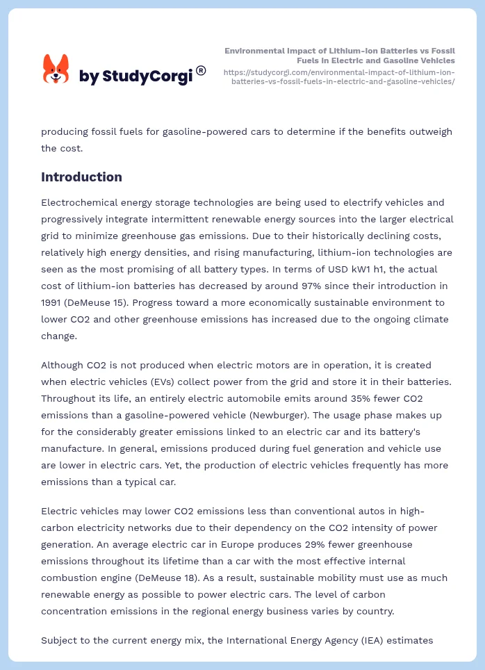 Environmental Impact of Lithium-Ion Batteries vs Fossil Fuels in Electric and Gasoline Vehicles. Page 2