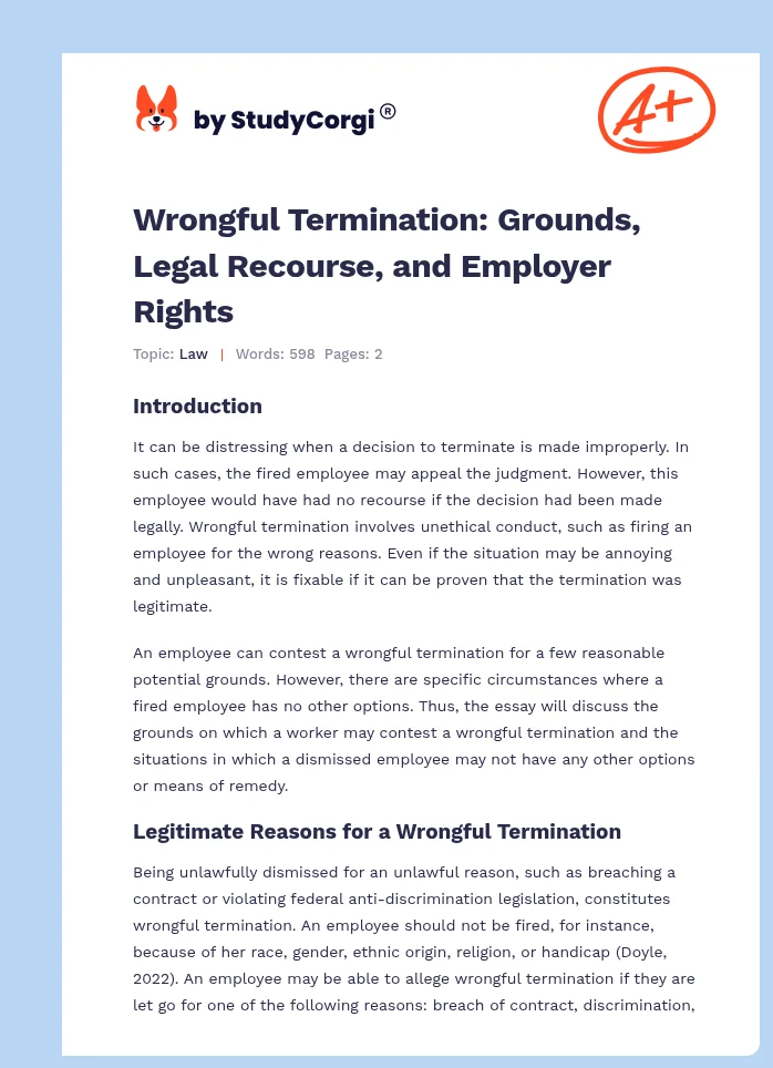 Wrongful Termination: Grounds, Legal Recourse, and Employer Rights. Page 1