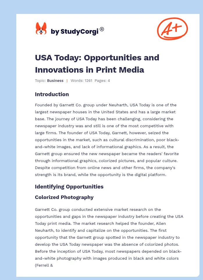 USA Today: Opportunities and Innovations in Print Media. Page 1