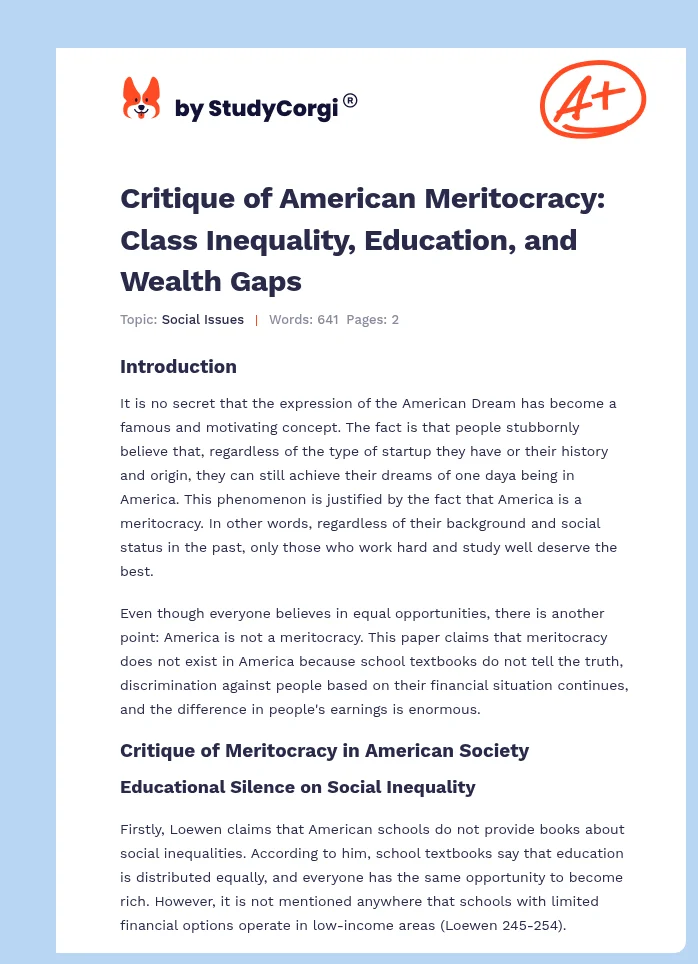 Critique of American Meritocracy: Class Inequality, Education, and Wealth Gaps. Page 1