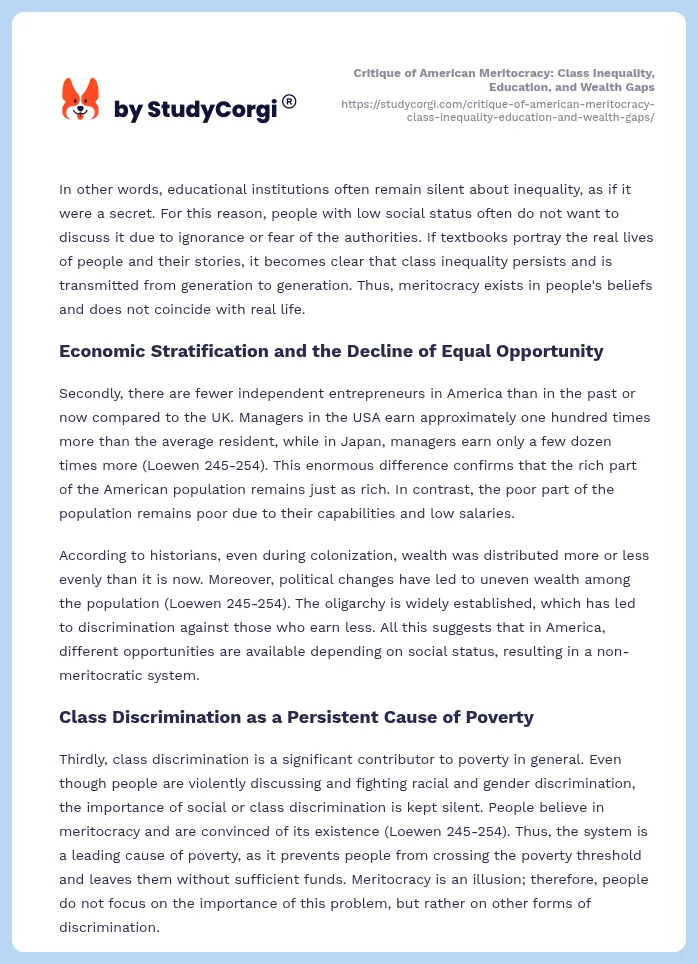 Critique of American Meritocracy: Class Inequality, Education, and Wealth Gaps. Page 2