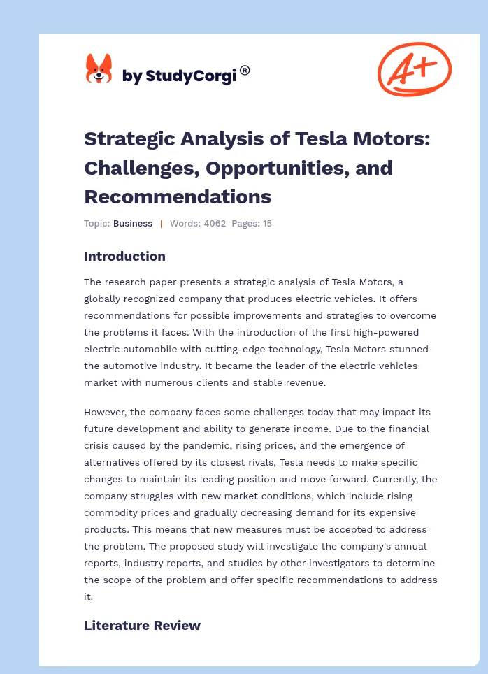 Strategic Analysis of Tesla Motors: Challenges, Opportunities, and Recommendations. Page 1