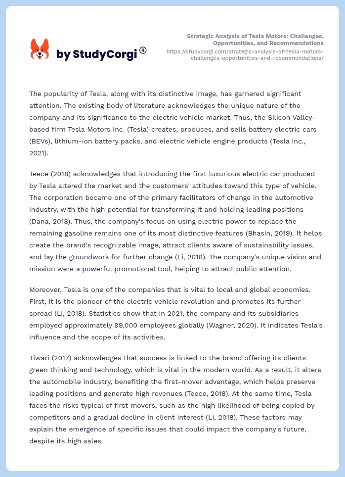 Strategic Analysis of Tesla Motors: Challenges, Opportunities, and Recommendations. Page 2