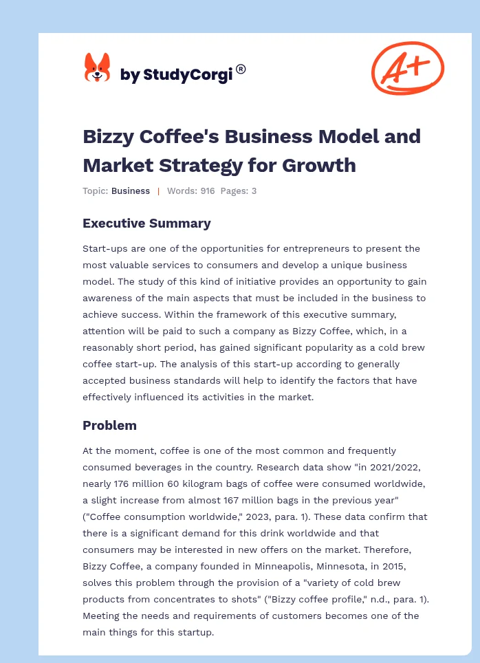 Bizzy Coffee's Business Model and Market Strategy for Growth. Page 1